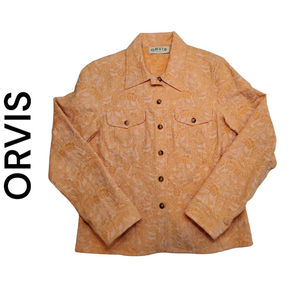 ORVIS ORANGE PAISLEY TRUCKERS JACKET  SIZE IS M-L